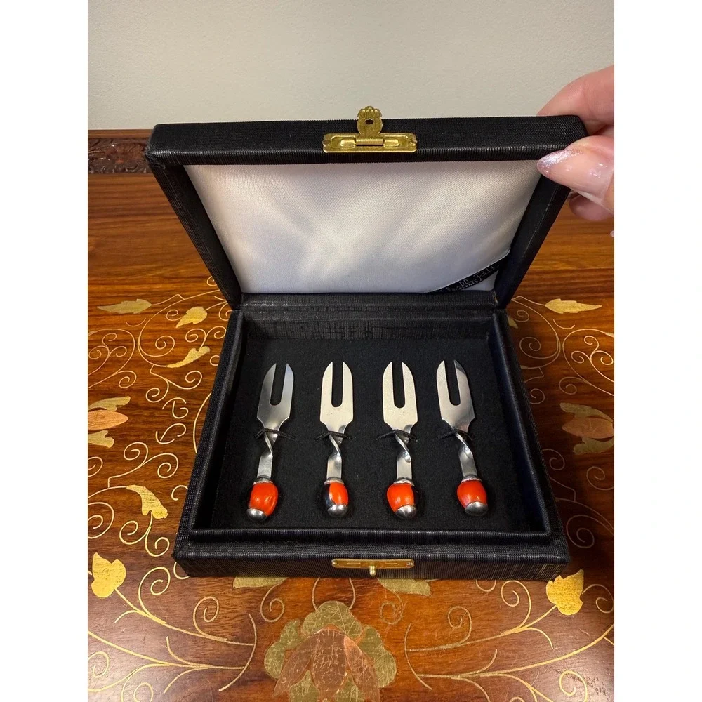 Vintage Rafaella Pitti Huayruro Seed Cocktail Forks Set w/ Box Bolivia